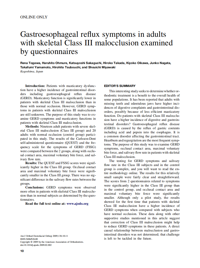 Togawa_Editor's-Summary-and-Q&A-Gastroesophageal-reflux-symptoms-in-adults-with-skeletal-Class-III-malocclusion-examined-by-questionnaires_2009.pdf 第1页