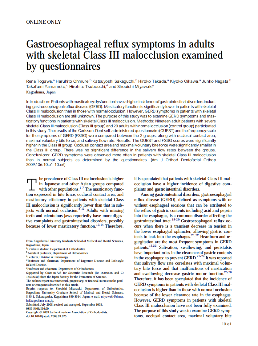 Togawa_Gastroesophageal-reflux-symptoms-in-adults-with-skeletal-Class-III-malocclusion-examined-by-questionnaires_2009.pdf 第1页