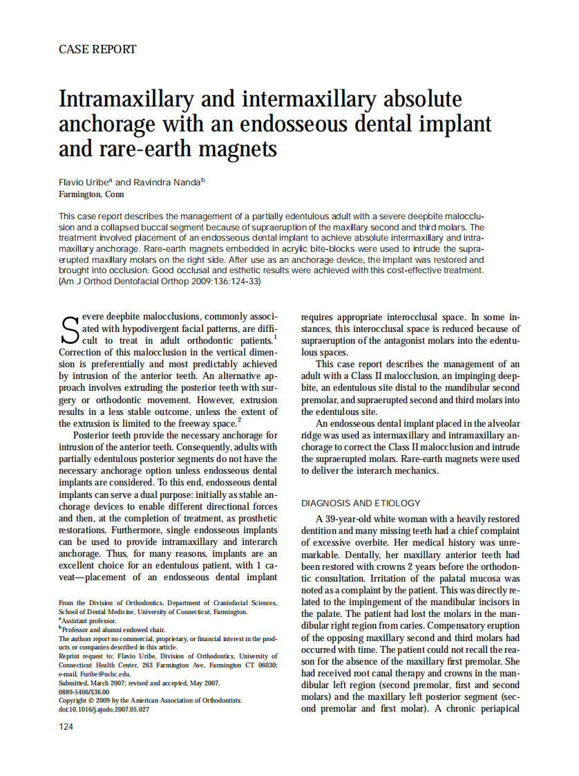 Uribe_Intramaxillary-and-intermaxillary-absolute-anchorage-with-an-endosseous-dental-implant-and-rare-earth-magnets_2009.pdf 第1页