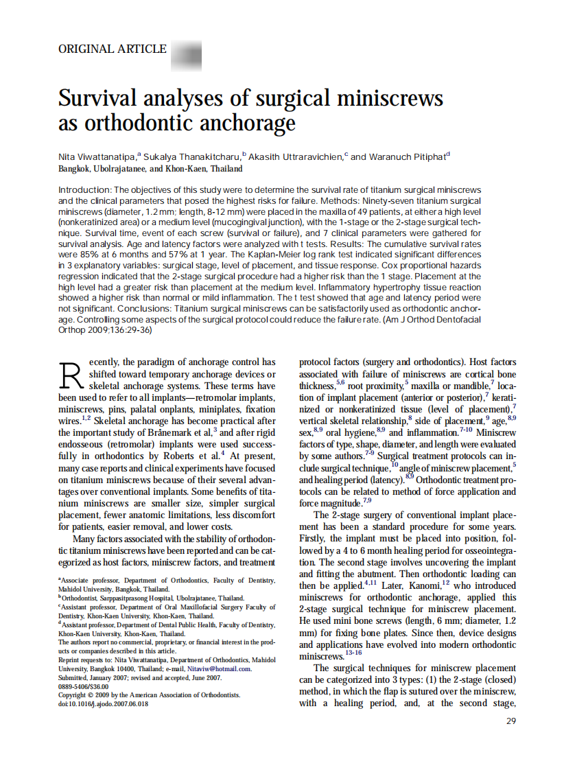 Viwattanatipa_Survival-analyses-of-surgical-miniscrews-as-orthodontic-anchorage_2009.pdf 第1页