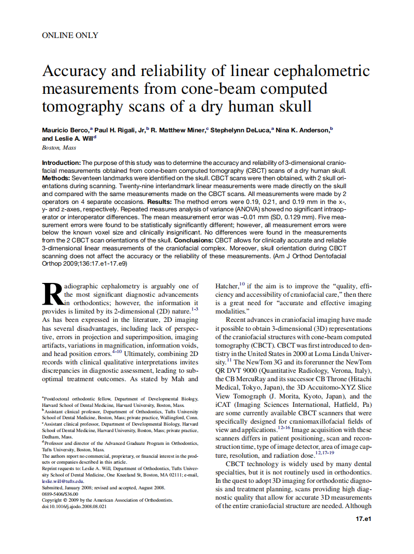 Berco_Accuracy-and-reliability-of-linear-cephalometric-measurements-from-cone-beam-computed-tomography-scans-of-a-dry-human-skull_2009.pdf 第1页